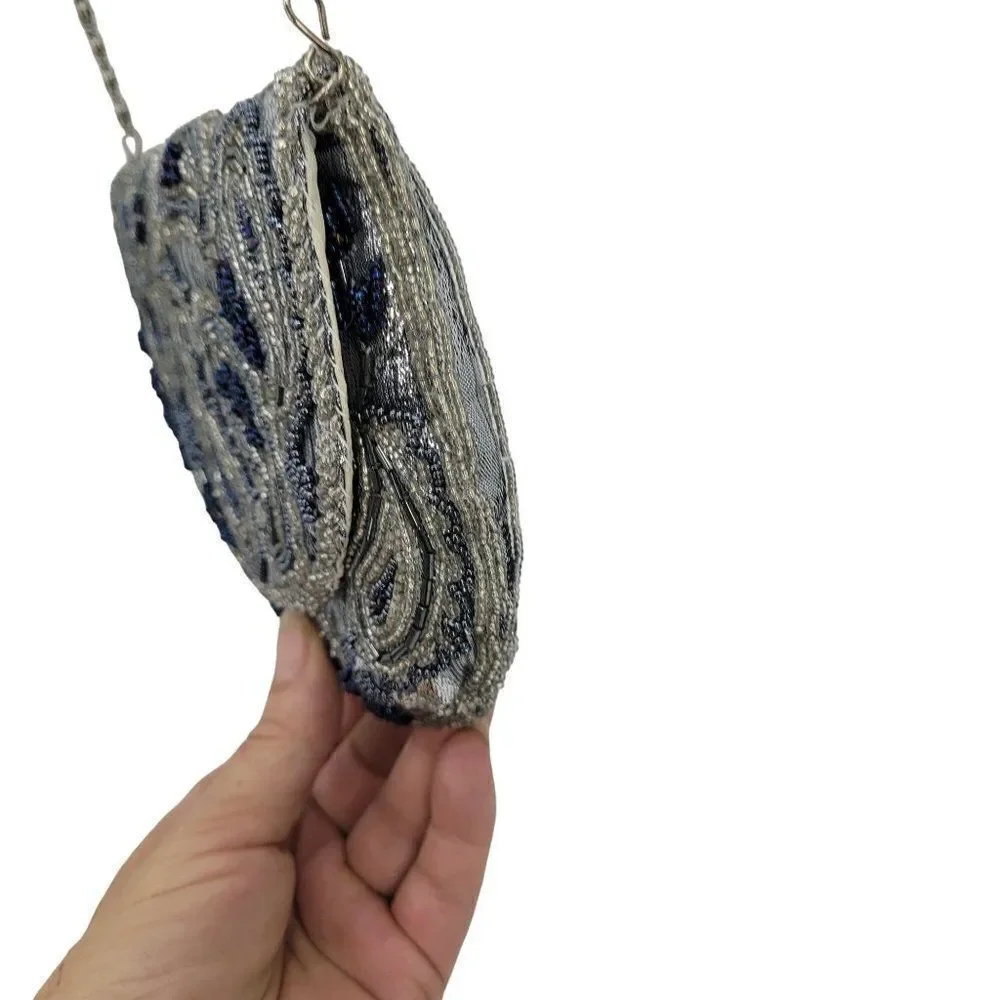 Vintage Majesty Line By‎ Albertario Crossbody Formal Silver Blue Paisley Beaded